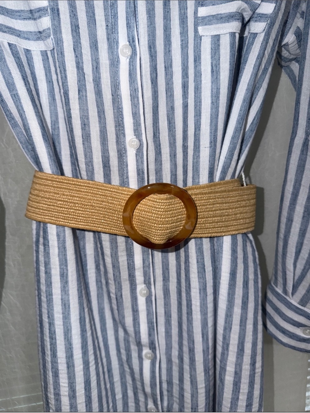 Falling Flower L Blue and White Striped Button-Up Tab Long Sleeve Shirt Dress - Picture 9 of 14